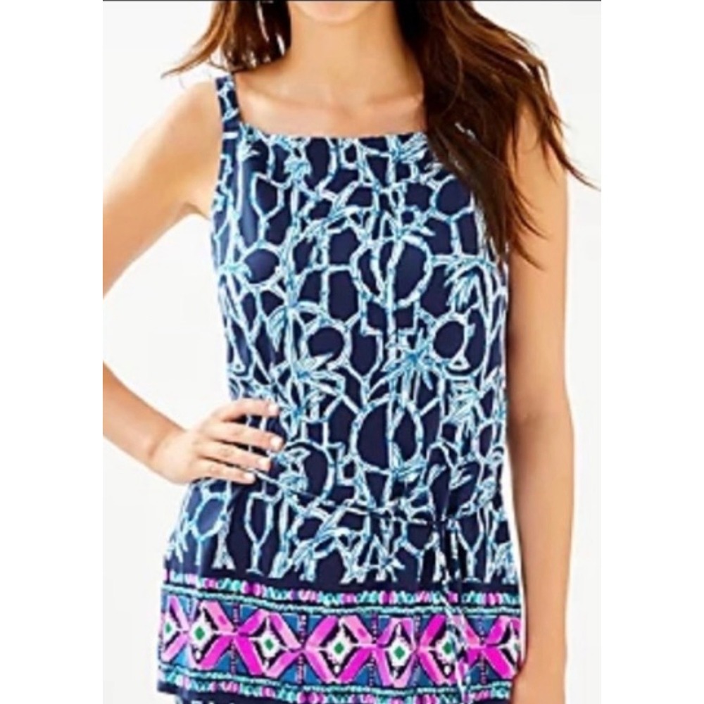 Lilly Pulitzer‎ XS Navy Blue Bamboo Print Sleeveless Drawstring  Top Geometric